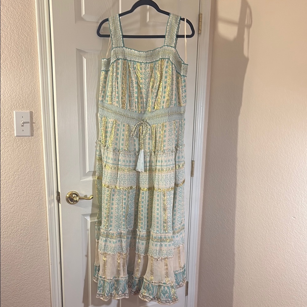 Cream/Gold/Teal maxi w/smocked straps, bodice top & waist allow for custom fit.